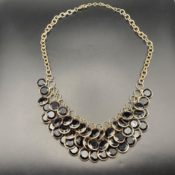 Jewelry - Black Faceted Acrylic Bib Necklace Muted Gold Tone Statement Color Layer 20+2"